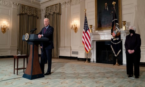 Joe Biden speaks on the relief pacakge withthe US treasury secretary, Janet Yellen, on Friday.