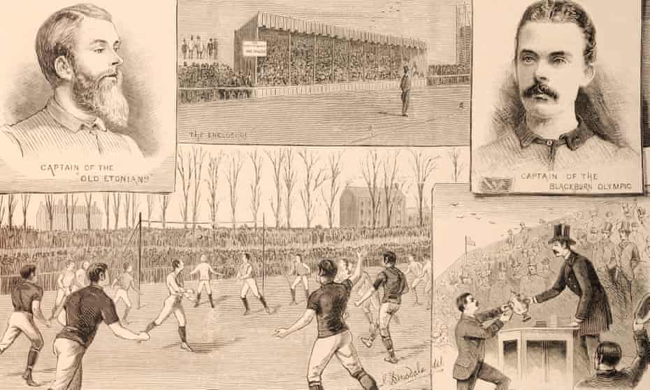 A montage of illustrations from the 1883 match between Blackburn Olympic and the Old Etonians at the Kennington Oval in London.