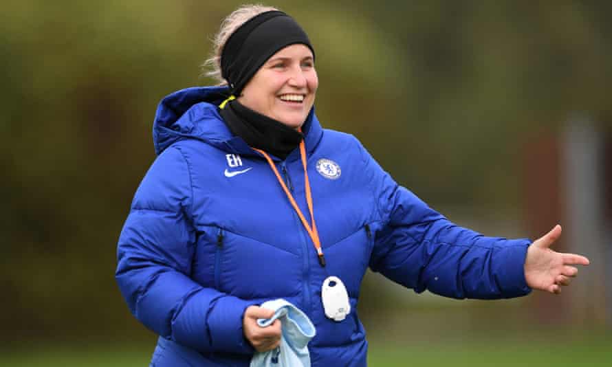 Emma Hayes, the Chelsea manager, takes a training session at the club’s Cobham base.