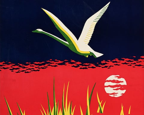 An abstract poster of a swan taking flight over a lake