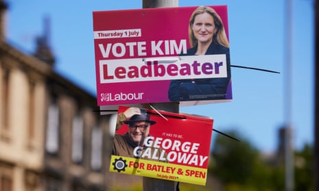 Campaign posters for the Batley and Spen byelection in Heckmondwike, June 2021