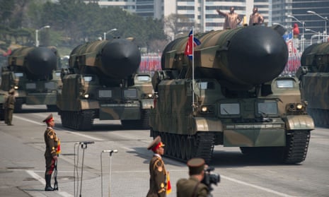 Unidentified rockets at a military parade marking the 105th anniversary of the birth of late North Korean leader Kim Il-Sung in Pyongyang on 15 April 2017.