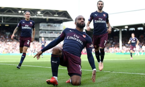 Alexandre Lacazette celebrates scoring the second of his two goals in Arsenal’s 5-1 rout of Fulham but Unai Emery’s message to his striker is: ‘Every day, don’t stop.’ 