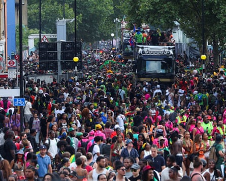 Very crowded street of revellers at Notting Hill carnival