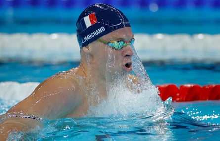 Leon Marchand of France competing in the men’s swimming 400m medley final