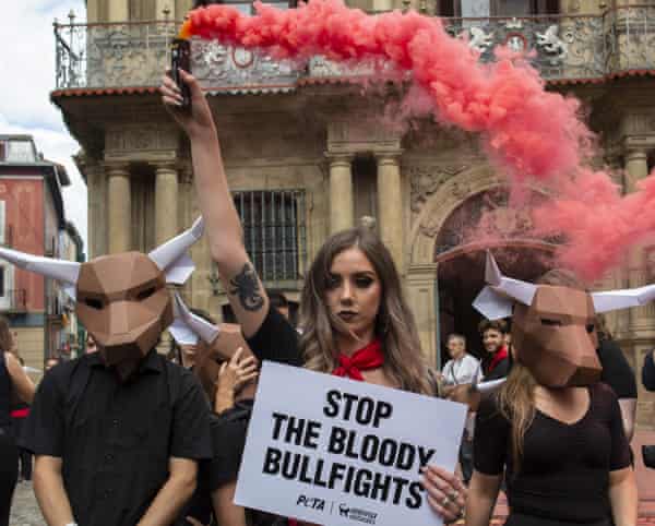 Animal rights activists protest against bullfights before the San Fermin annual running of the bulls in Pamplona in 2018.