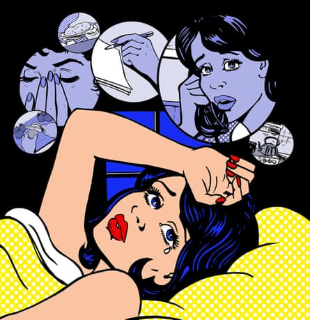 Pop-art illustration of a woman having anxiety dreams about work
