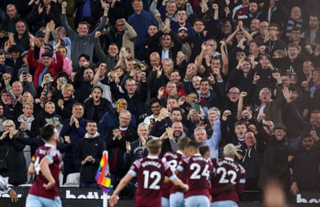 West Ham United fans and players celebrate following a goal by Kurt Zouma against Bournemouth.