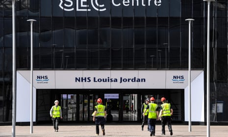 Contractors outside the new NHS Louisa Jordan emergency hospital at the SEC centre in Glasgow today. Louisa Jordan was a Scottish nurse who died during the first world war in Serbia where she was caring for soliders.