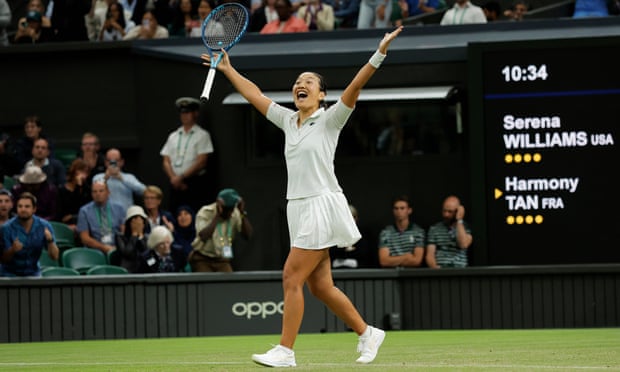 Harmony Tan celebrates following her victory over Serena Williams.