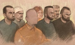 An artist’s sketch of the man, who cannot be named, and his co-defendants at Worcester crown court.