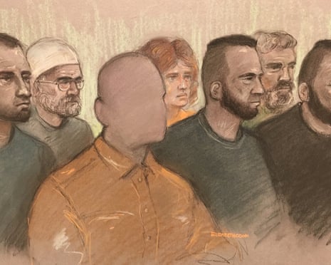 An artist’s sketch of the man, who cannot be named, and his co-defendants at Worcester crown court.