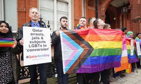 Peter Tatchell among protesters outside the Qatari embassy in central London.