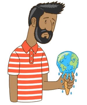 Illustration of a glum looking man holding an ice cream, in which the ice cream is the globe, melting