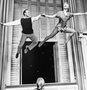Singer and actor Mary Martin with Jerome Robbins on the set of Peter Pan, 1956.