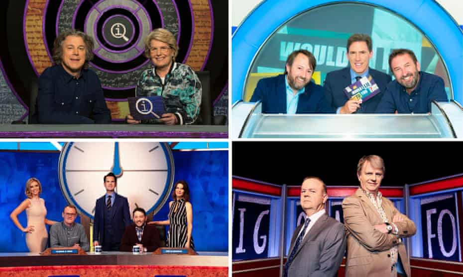 Clockwise from top left: QI, Would I Lie to You?, Have I Got News for You and 8 out of 10 Cats Does Countdown.