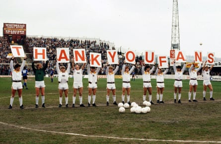 Party … the division-winning Bradford City players thank supporters before kickoff on the fateful day.