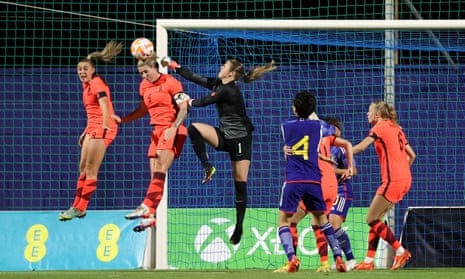 England v Japan: women’s international football friendly – live | Women's football 7 Georgia Stanway (left), Millie Bright (centre) and Mary Earps of England jump for the ball.