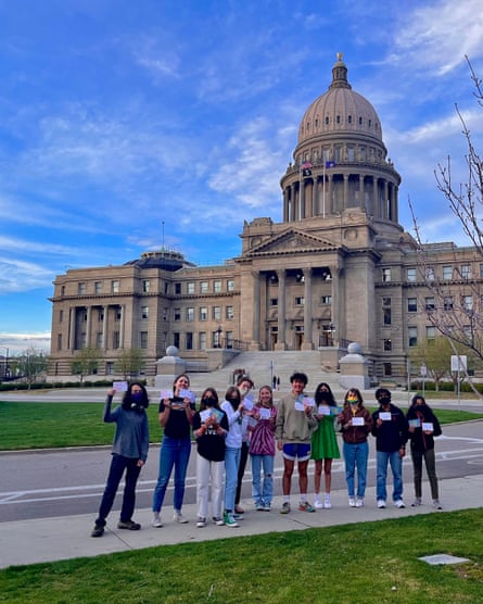 Shiva Rajbhandari, center, stands with his classmates. Rajbhandari’s platform focuses on the climate crisis.