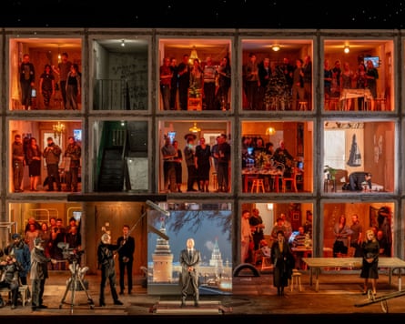 A scene from Kirill Serebrennikov’s production of Modest Mussorgsky’s opera Boris Godunov shows the apartments inside a residential block