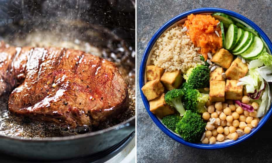 Steak and a healthy vegetarian meal with pulses.