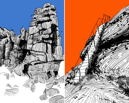 Two illustrations of tors, one against a blue background and one against orange