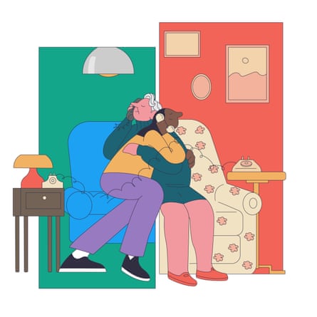 Illustration of two people intertwined, talking on the phone.