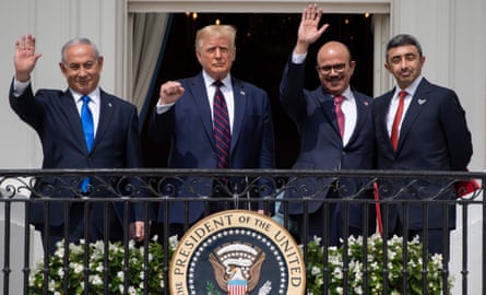 Israel’s Benjamin Netanyahu, the US’s Donald Trump, Bahrain’s Abdullatif al-Zayani and the UAE’s Abdullah bin Zayed al-Nahyan at the White House after the signing of the Abraham accords, 15 September 2020.