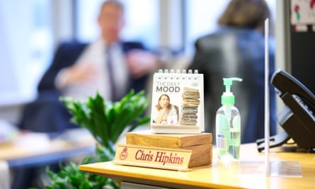 A bottle of hand sanitiser sits on the desk of New Zealand Covid-19 response minister Chris Hipkins.