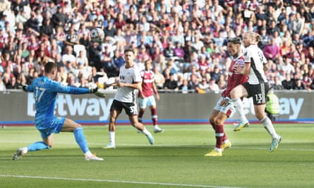 West Ham United's Gianluca Scamacca scores his side's second goal during the Premier League match against Fulham.