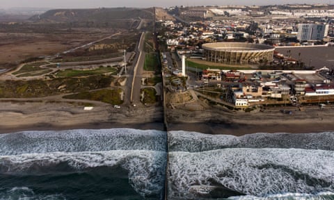 An aerial view of the US-Mexico border fence seen from Playas de Tijuana, Baja California.