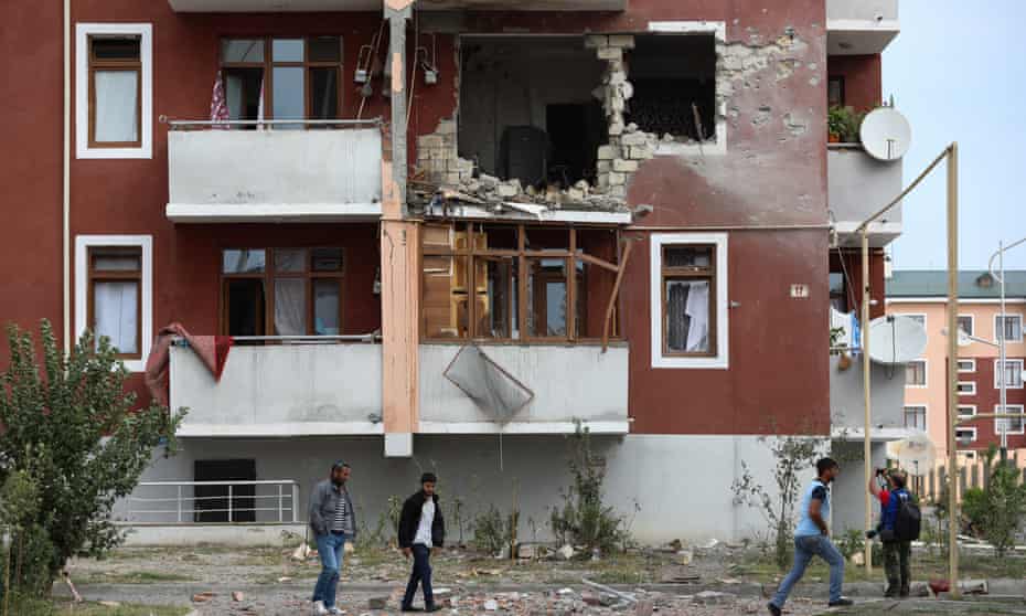 An apartment building in the Tartar border district of Azerbaijan allegedly damaged in recent shelling during the fighting over the breakaway region of Nagorno-Karabakh.