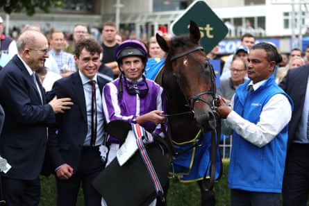 Ryan Moore and Delacroix after winning the Eclipse Stakes at Sandown.