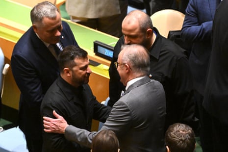Anthony Albanese speaks to president of Ukraine, Volodymyr Zelenskyy at the start of the US general assembly.