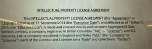 The leaked intellectual property licence document that shows a link between AggregateIQ and SCL Elections (the company behind Cambridge Analytica).