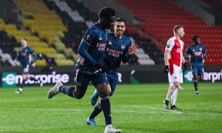 Bukayo Saka celebrates scoring during Arsenal’s one-sided win in Prague