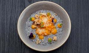 ‘A pleasing mess of chia seeds’: coconut milk pudding with mango.