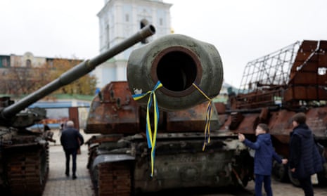 Destroyed Russian military vehicles are displayed in central KyivPeople visit an exhibition displaying destroyed Russian military vehicles outside the St. Michael's Golden-Domed Cathedral, amid Russia's invasion, in central Kyiv, Ukraine November 4, 2022. REUTERS/Murad Sezer