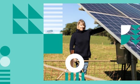 To-camera portrait of a senior independent female Aussie farmer next to her solar panels in a field