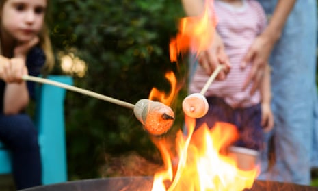 Two children hold marshmallows on sticks over a fire, one helped by an adult
