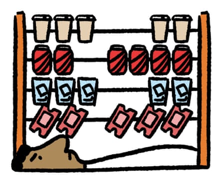 A man lies between an abacus with coffee cups and tickets in place of beads