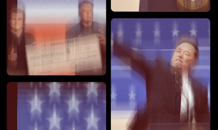 graphic with motion-blurred images of Elon Musk and American flags