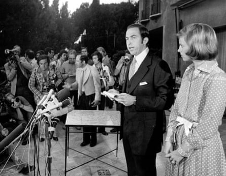 King Constantine II of Greece with his wife, Queen Anne-Marie, during a press conference in Rome on 2 June 1973 in reaction to his dethronement.