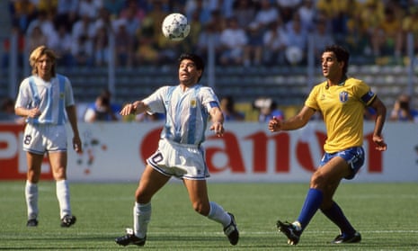 Diego Maradona with his Jude Bellingham-esque skills on show against Brazil in 1990.