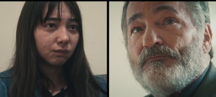 side by side photos of a younger woman tearing up and a middle-aged man with beard looking up
