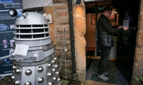 A Dalek chained to the stone exterior of the Museum of Classic Sci-Fi in Allendale, Northumberland.