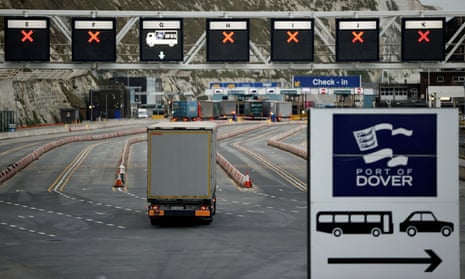 A lorry drives towards the entrance to the port of Dover