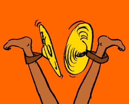 Illustration of two legs in the air with cymbals attached