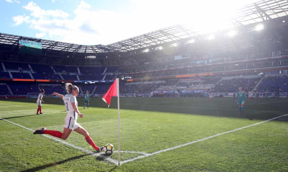 Toni Duggan takes a corner during England’s game against Germany at the SheBelieves Cup in the United States. 