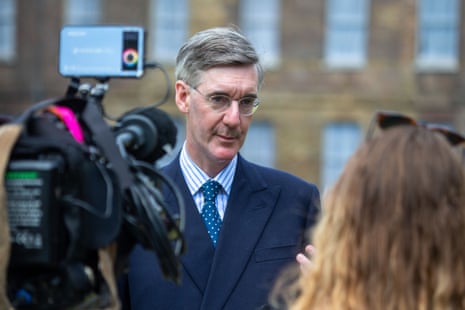 Jacob Rees-Mogg being interviewed today outside the Houses of Parliament.